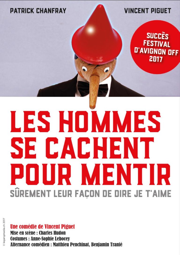 Affiche de la pièce de théâtre "Les hommes se cachent pour mentir" de 2023 - Compagnie de théâtre lyonnaise Nandi - Saison culturelle 2023/2024