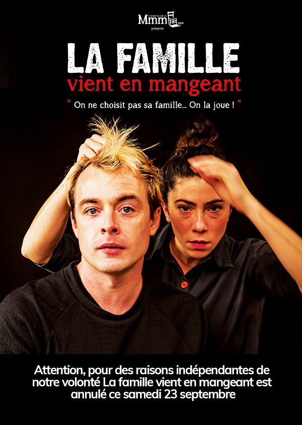 Affiche de la pièce de théâtre "La famille vient en mangeant" de 2025 - Compagnie de théâtre présente sur lyon Nandi